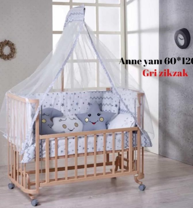 Tekerlekli Sallanır Sabitlenir Anne Yanı Asansörlü Ahşap Beşik & Yıldızlı Uyku SetiMüzikli Dönence Hediye - Görsel 2