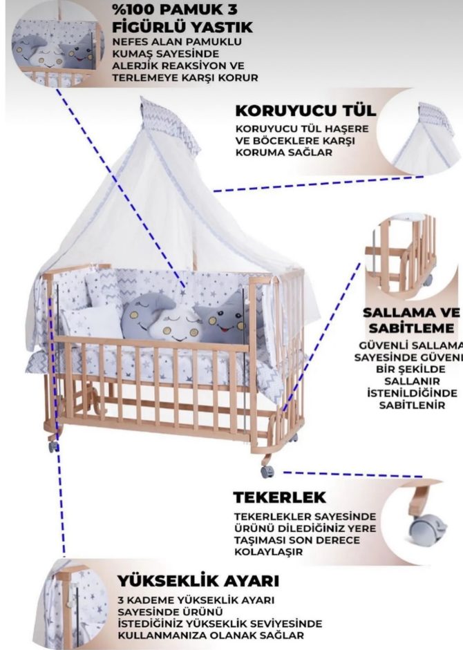 Tekerlekli Sallanır Sabitlenir Anne Yanı Asansörlü Ahşap Beşik & Yıldızlı Uyku SetiMüzikli Dönence Hediye - Görsel 6