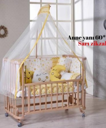 Tekerlekli Sallanır Sabitlenir Anne Yanı Asansörlü Ahşap Beşik & Yıldızlı Uyku Seti