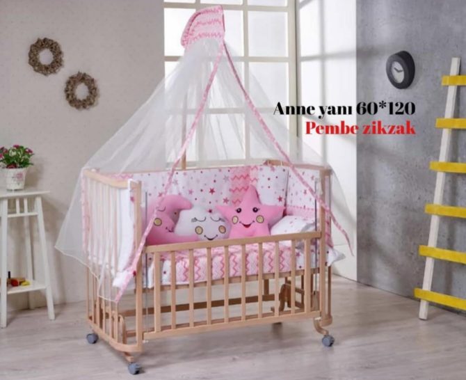 Tekerlekli Sallanır Sabitlenir Anne Yanı Asansörlü Ahşap Beşik & Yıldızlı Uyku Seti - Görsel 3